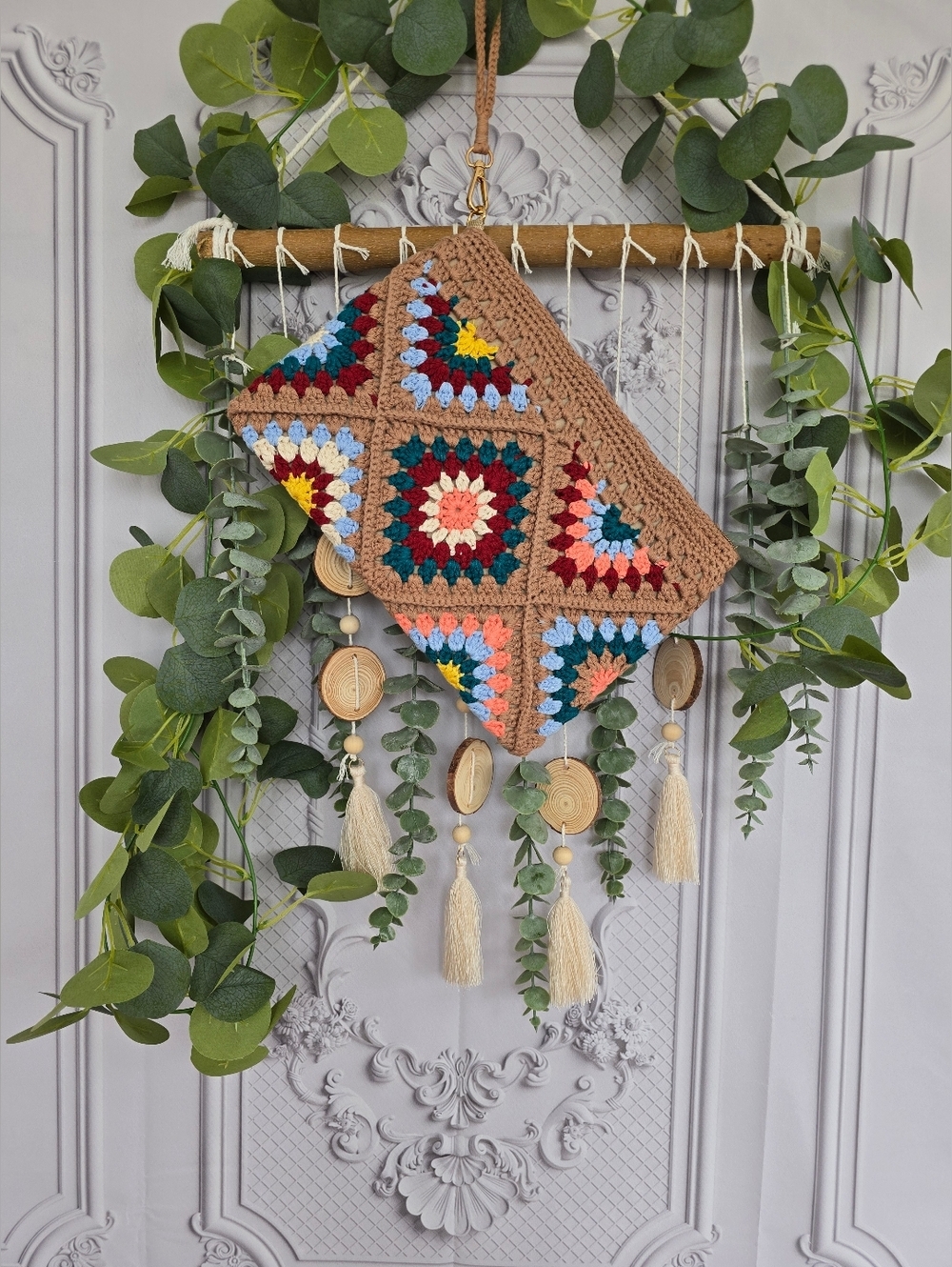 Colorful Tan Boho Colorful Crochet Granny Square Clutch Purse